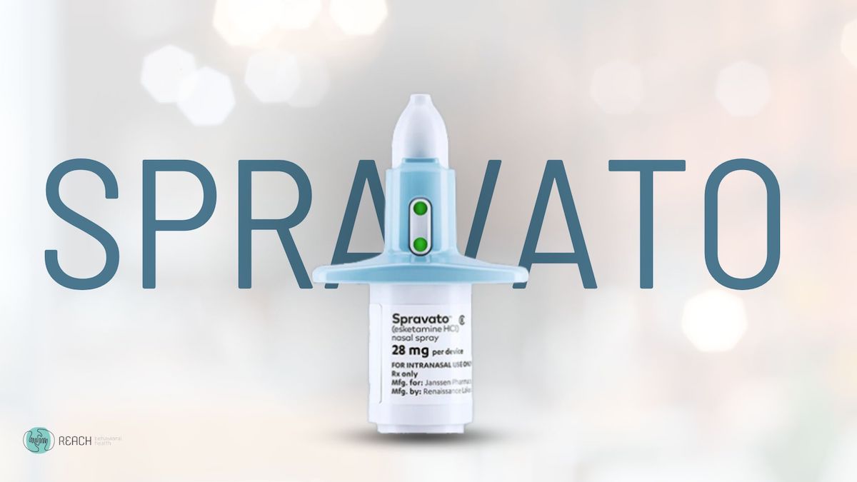 a blue and white spray bottle of Spravato Esketamine therapy. REACH, Ohio