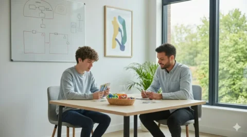 A relaxed ADOS-2 assessment session for an older individual, featuring a clinician and client in a comfortable conversation over a table with activity cards. This highlights that the process for adults is structured yet low-pressure, focusing on real-time social interaction. REACH - Ohio