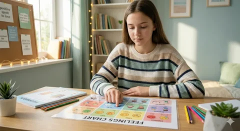 Teen practicing coping strategies using a colorful feelings chart, learning to manage emotions and build life skills in a calm, supportive environment. REACH Behavioral Health for Teens