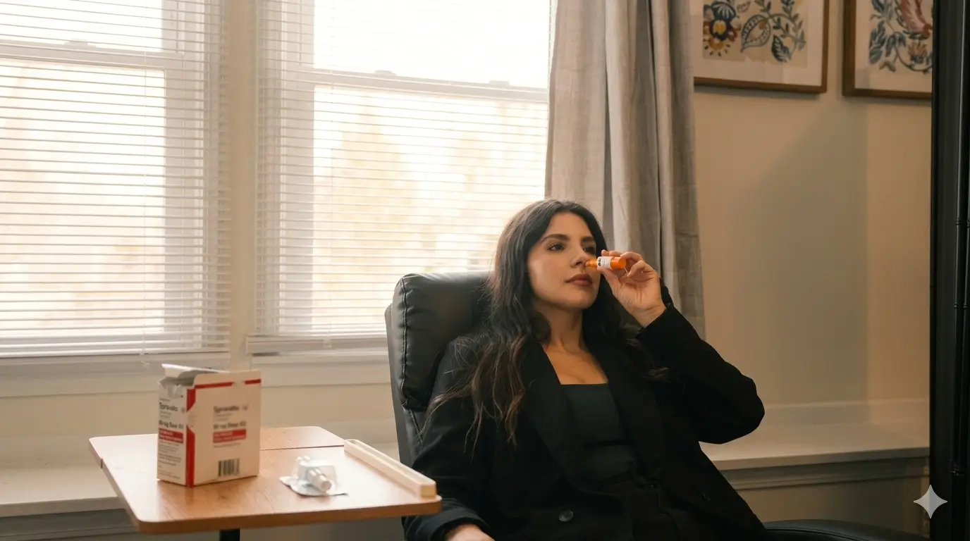 a patient self-administering the Spravato nasal spray during an esketamine therapy session at REACH Westpark clinic in Ohio, seated comfortably by a window in a calm, supervised treatment room.