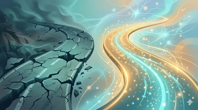 Abstract illustration used by REACH Behavioral Health in Westpark, Ohio, showing a cracked, broken road transforming into a smooth, glowing pathway — representing how Spravato helps rebuild damaged brain connections and restore healthy neural pathways in people with treatment-resistant depression.