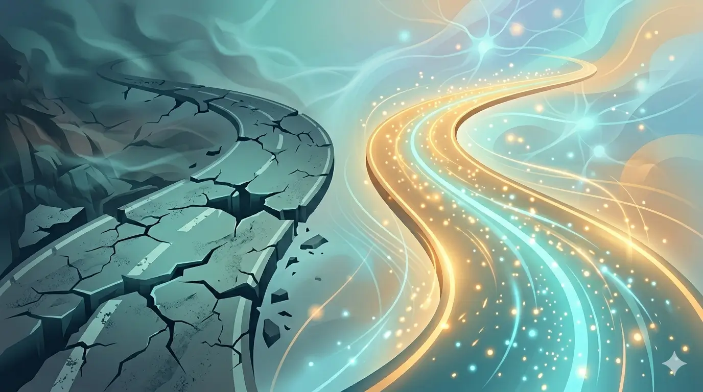 Abstract illustration used by REACH Behavioral Health in Westpark, Ohio, showing a cracked, broken road transforming into a smooth, glowing pathway — representing how Spravato helps rebuild damaged brain connections and restore healthy neural pathways in people with treatment-resistant depression.