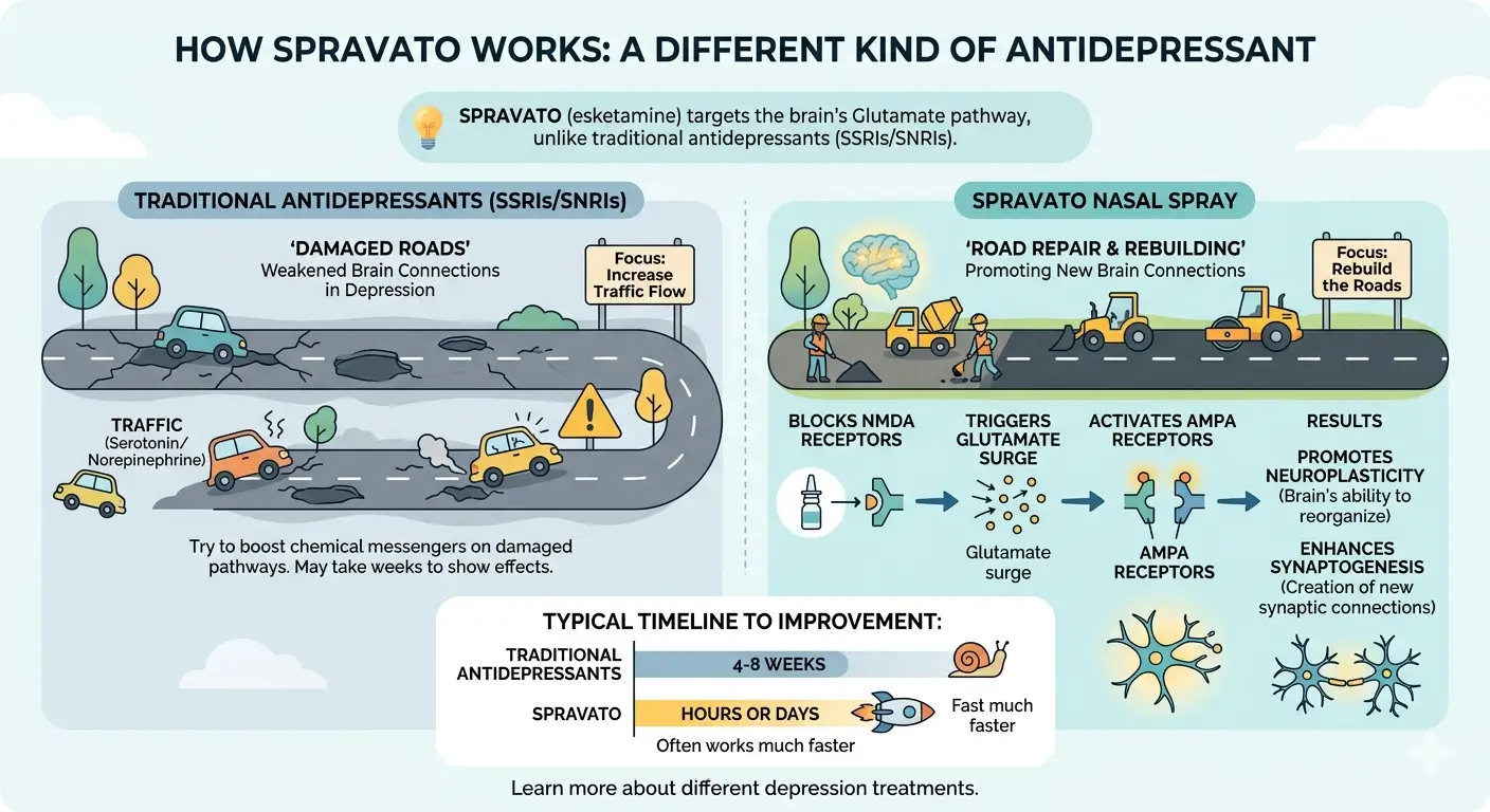 `Infographic from REACH Behavioral Health in Westpark, Ohio, comparing how traditional antidepressants and Spravato work: SSRIs/SNRIs boost serotonin on weakened brain pathways, while Spravato blocks NMDA receptors, triggers a glutamate surge, activates AMPA receptors, and promotes neuroplasticity. Includes a timeline showing traditional antidepressants take 4–8 weeks versus Spravato working in hours or days.`
