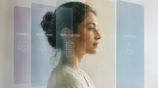 A woman viewed through translucent layers representing diagnosis, medications, medical history, health, and lifestyle, illustrating the factors considered when evaluating Spravato eligibility.
