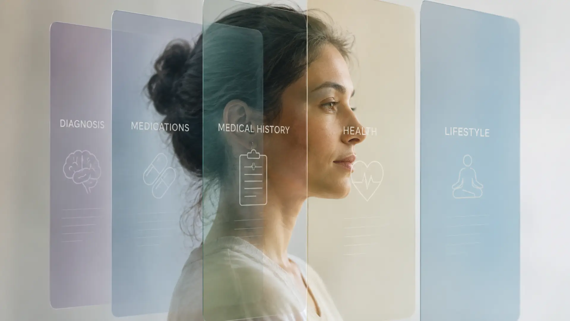 A woman viewed through translucent layers representing diagnosis, medications, medical history, health, and lifestyle, illustrating the factors considered when evaluating Spravato eligibility.